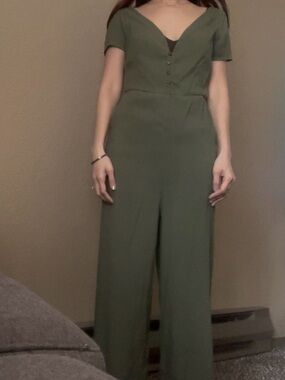 Olive Green V-Neck Jumpsuit-small